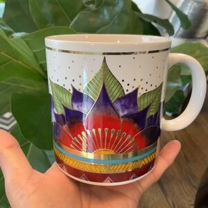VTG Laurel Burch Celestial Lotus Coffee Mug‎ Cup Floral Abstract Gold Trim Japan